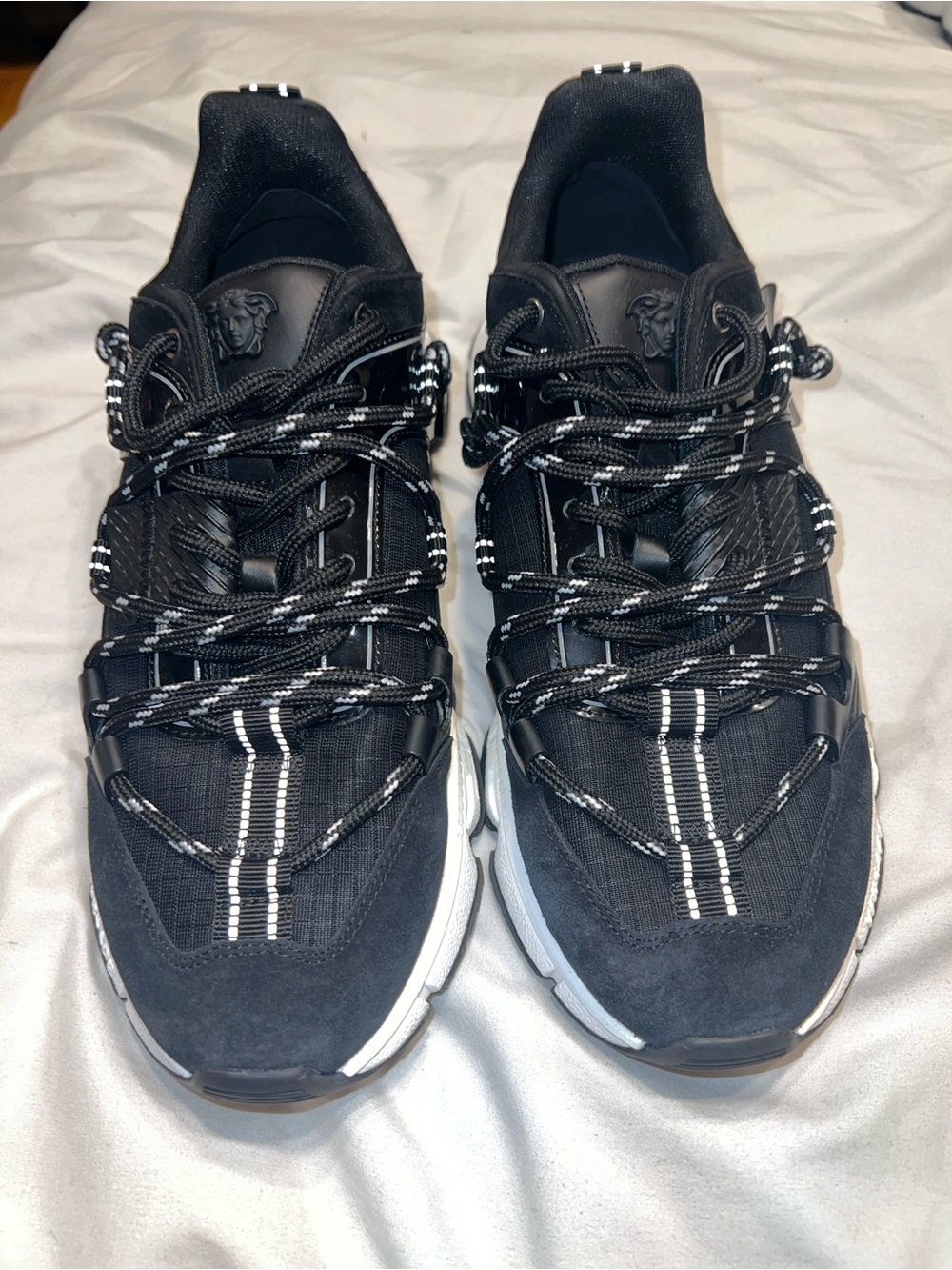 Versace Black and White Men's Chain-Accent Low-Top Sneakers - Authentic
